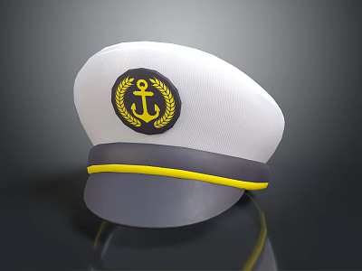 White Sailor Cap With Yellow Anchor Laurel Wreath Emblem And Gray Stripes 3d model