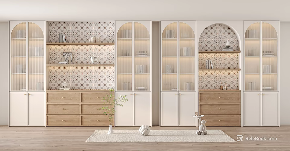 Elegant Modern Bookcase Interior With Glass Doors Patterned Wallpaper And Warm Lighting 3d model