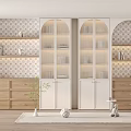 Elegant Modern Bookcase Interior With Glass Doors Patterned Wallpaper And Warm Lighting 3d model