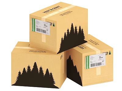 Stacked Brown Cardboard Boxes With Tree Silhouettes Shipping Labels And Packing Tape 3d model