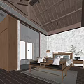 Traditional Hotel Guest Room With Wooden Ceiling Bed Nightstand And Armchair Design