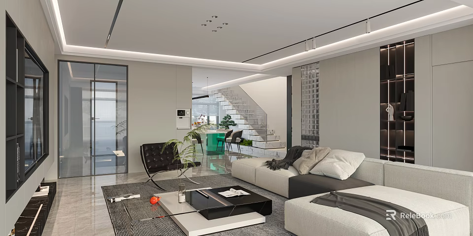 Modern Living and Dining Area Interior With Open Layout Sofa Coffee Table Staircase And Plants 3d model 
