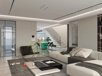 Modern Living and Dining Area Interior With Open Layout Sofa Coffee Table Staircase And Plants 3d model