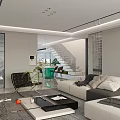 Modern Living and Dining Area Interior With Open Layout Sofa Coffee Table Staircase And Plants