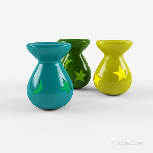 Decorative Ceramic Vessels Featuring Blue Green Yellow Colors And Star Moon Patterns 3d model 