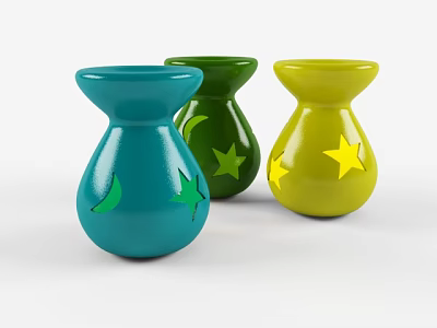 Decorative Ceramic Vessels Featuring Blue Green Yellow Colors And Star Moon Patterns 3d model
