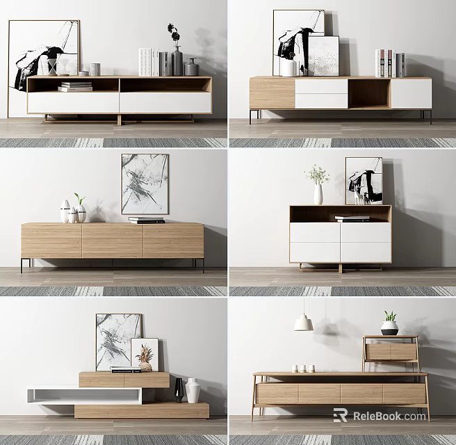 Modern Minimalist Wooden TV Stand With Drawers Shelves And Decorative Vase Picture Frames 3d model 