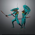 Two Teal Humanoid Creatures With Antennae Holding Swords And Shields In Combat Stance