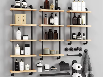 Bathroom Accessories Organized On Wooden Shelves With Bottles Towel And Toilet Paper Rolls 3d model