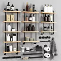 Bathroom Accessories Organized On Wooden Shelves With Bottles Towel And Toilet Paper Rolls