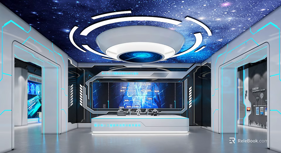 Futuristic Tech Control Room Interior With Starry Ceiling Large Screen And Interface 3d model