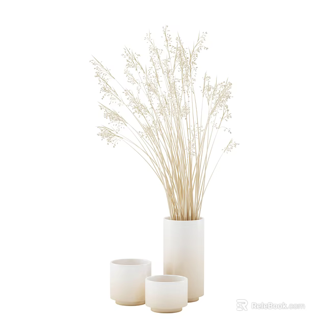 White Ceramic Vase With Dried Flowers And Small Cups For Home Decor 3d model 
