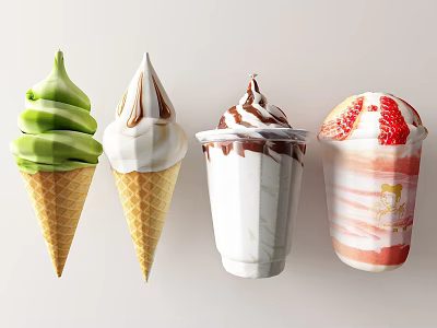 Colorful Ice Cream Cones And Cups With Matcha Vanilla Chocolate Strawberry Flavors 3d model