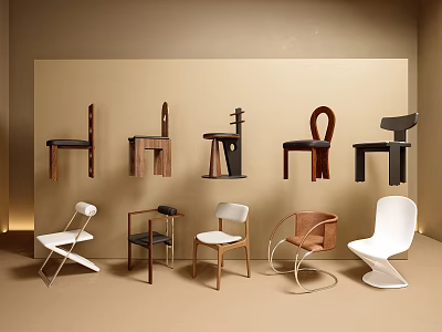 Various Designs Dining Chairs Hung On Beige Wall And Placed On Floor Interior 3d model