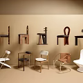 Various Designs Dining Chairs Hung On Beige Wall And Placed On Floor Interior
