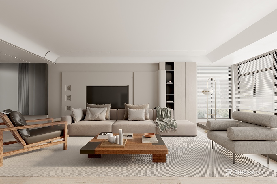 Modern Living Room Interior Design With Beige Sofa Wooden Coffee Table Armchair And Large Windows 3d model 