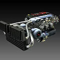 Detailed 3D Engine Model With Black Body Red Accent Lines Silver Pipes And Radiator