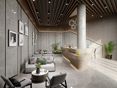 Modern Bar Interior Design With Gray Walls Wooden Ceiling Sofa Seating And Curved Counter 3d model