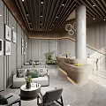 Modern Bar Interior Design With Gray Walls Wooden Ceiling Sofa Seating And Curved Counter