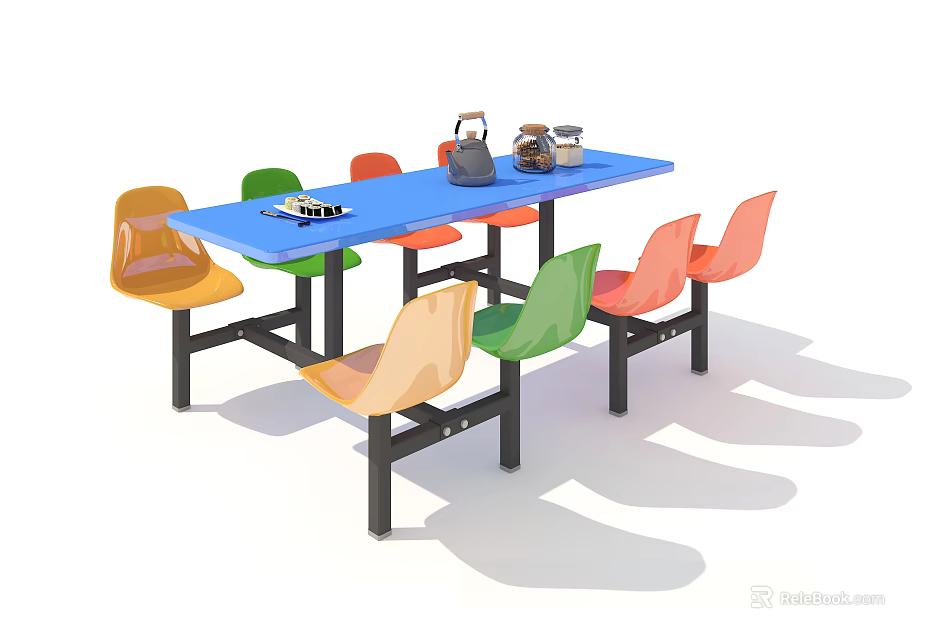 Blue Rectangular Dining Table Set With Colorful Chairs And Teapot Teacups 3d model