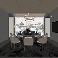Modern Chinese Private Dining Room With Round Table Chandelier And Landscape Painting
