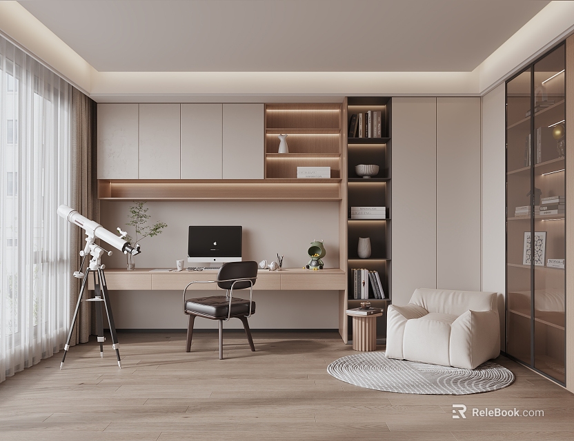 Modern Study Room Interior With Desk Computer Bookshelves And Telescope 3d model 