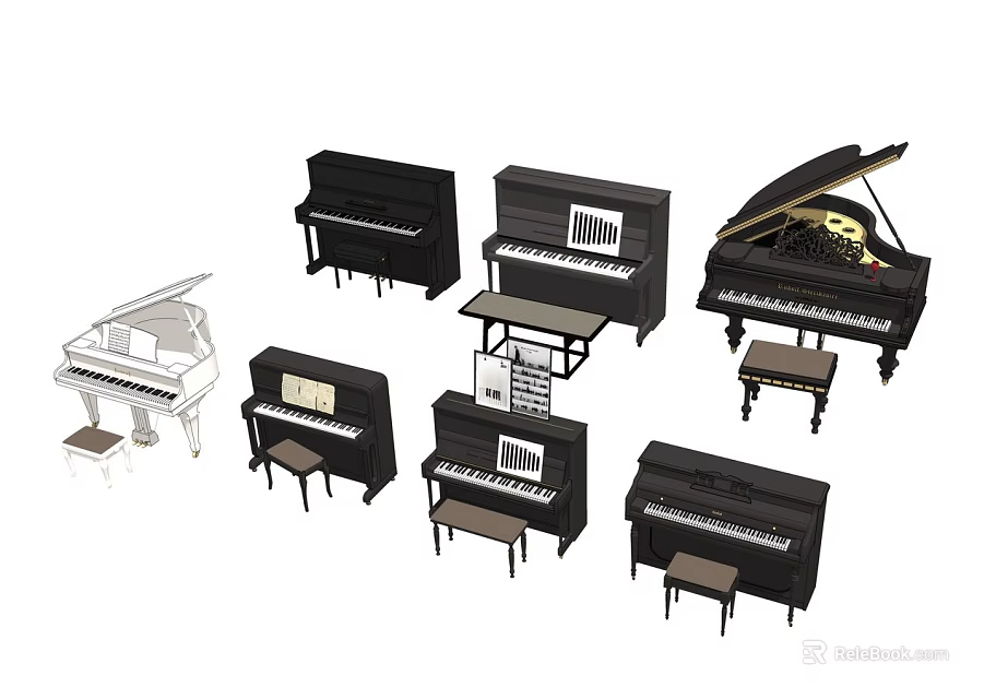 Various Musical Instruments Collection Including Grand Upright Black White Pianos And Stools 3d model 