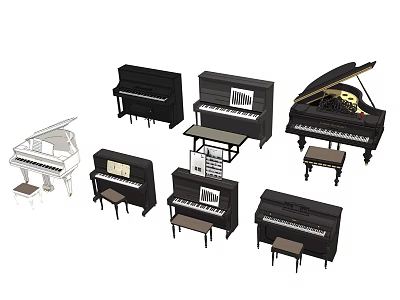 Various Musical Instruments Collection Including Grand Upright Black White Pianos And Stools 3d model