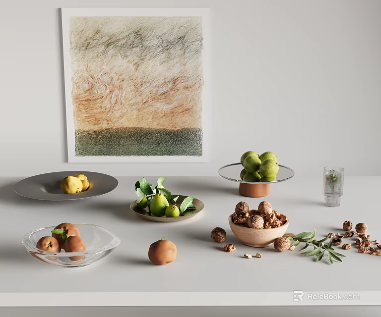 Minimalist Food Display with Green Pears Walnuts Limes on Wooden Bowl Gray Plate Glass Stand 3d model 