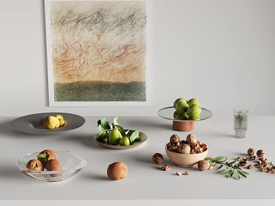 Minimalist Food Display with Green Pears Walnuts Limes on Wooden Bowl Gray Plate Glass Stand 3d model
