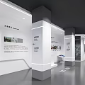 Modern Tech Exhibition Hall Interior With Linear Lighting White Display Stands And Blue Screens