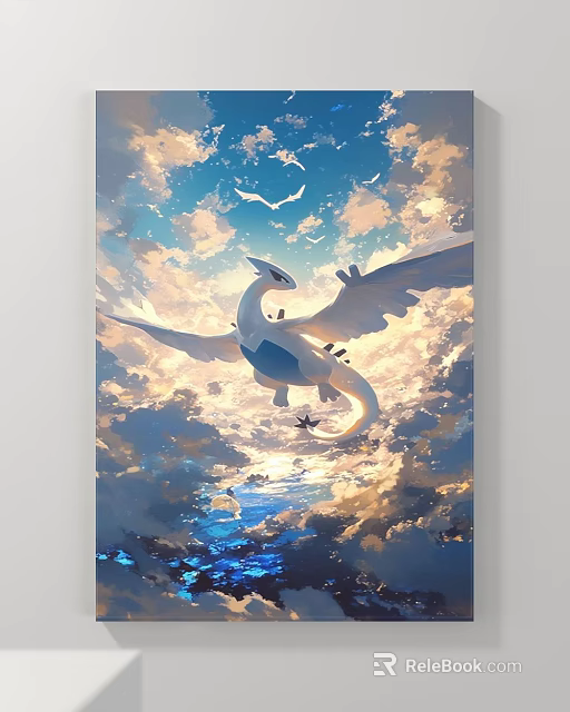 Landscape Painting of Flying White Blue Dragon in Cloudy Sky with Sunlight and Ocean Reflection 3d model 