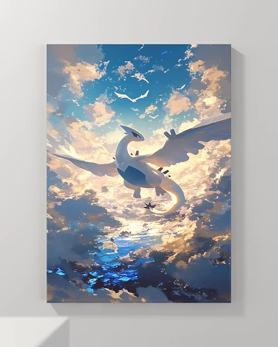 Landscape Painting of Flying White Blue Dragon in Cloudy Sky with Sunlight and Ocean Reflection 3d model