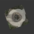 Decorative Tower Model With Circular Paved Ground And Surrounding Green Plants