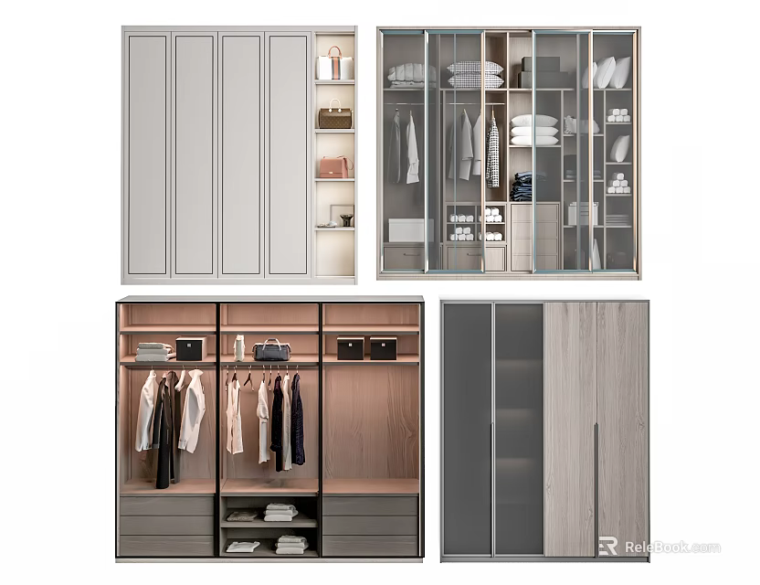 Modern Wardrobe Designs With Glass Door Panels Wooden Frames Hanging Rails And Storage Shelves 3d model 