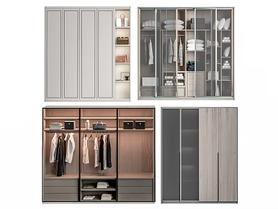 Modern Wardrobe Designs With Glass Door Panels Wooden Frames Hanging Rails And Storage Shelves 3d model