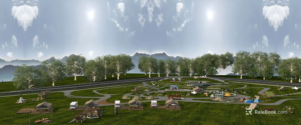 Scenic Garden Landscape With Lush Trees Green Grass Tents Winding Paths And Distant Mountains 3d model 