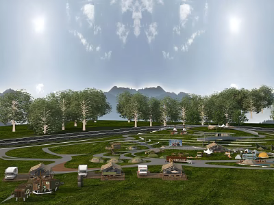 Scenic Garden Landscape With Lush Trees Green Grass Tents Winding Paths And Distant Mountains 3d model