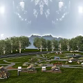 Scenic Garden Landscape With Lush Trees Green Grass Tents Winding Paths And Distant Mountains