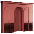 Modern Arched Wardrobe Design With Pink And Beige Panels Golden Handles And Vertical Striped Base