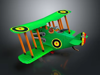 Green Toy Biplane Model With Yellow Black Emblems And Orange Struts 3d model