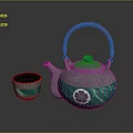 Gray And Green Tea Set With Woven Orange Handle Teapot Decorative Pattern And Matching Teacup
