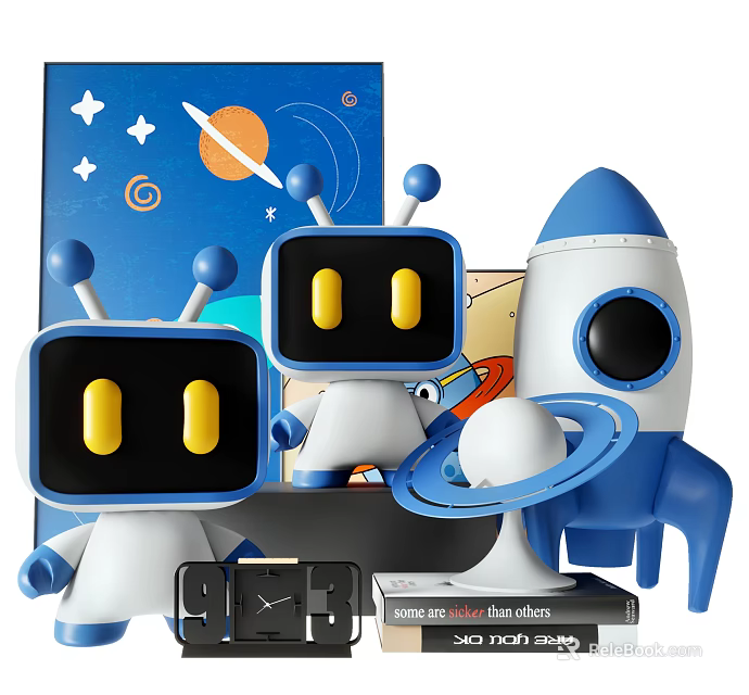 Cute Robot Dolls With Rocket Model And Saturn Planet In Space Theme 3d model 