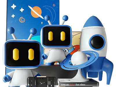 Cute Robot Dolls With Rocket Model And Saturn Planet In Space Theme 3d model