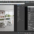 Modern Open Office with Long Desk Green Partitions Office Chairs Laptop Large Windows Outdoor Greenery
