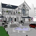 White Detached Villa with Black Roof Front Steps Greenery and Red Car