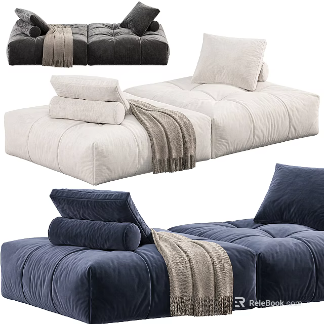 Comfortable White And Navy Blue Sofa Stools With Stacked Pillows And Cozy Blanket 3d model 
