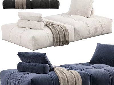 Comfortable White And Navy Blue Sofa Stools With Stacked Pillows And Cozy Blanket 3d model
