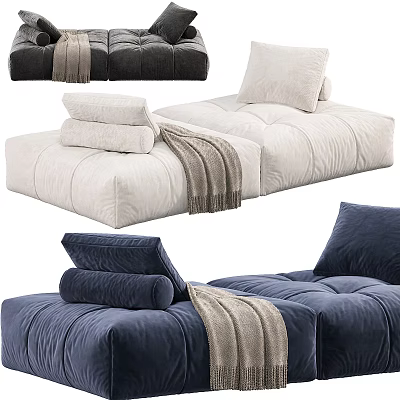 Comfortable White And Navy Blue Sofa Stools With Stacked Pillows And Cozy Blanket 3d model