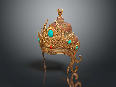 Traditional Golden Headdress Adorned With Turquoise And Red Gemstones Intricate Design 3d model